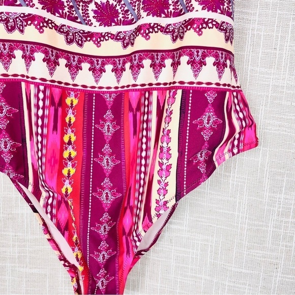 NWT Nanette Lepore Poppy Red & Purple Print Plunge Halter One-Piece Swimsuit - Picture 4 of 7